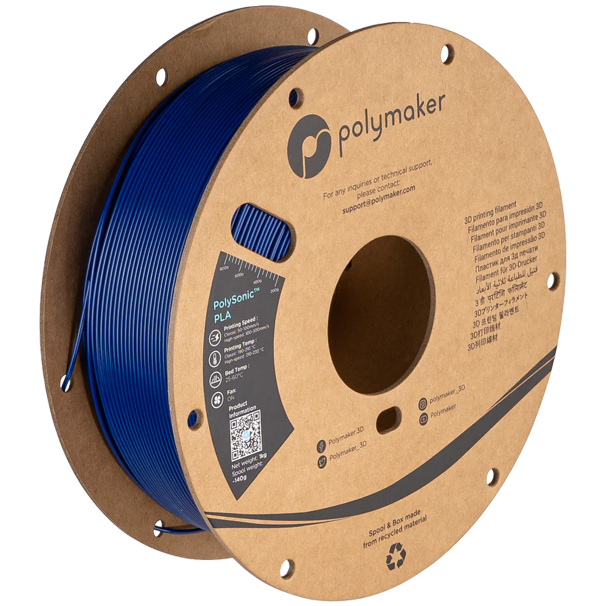 PolySonic PLA 1.75mm 3D printer filament | Polymaker showing PLA, Printing Speed:, Printing Temp: