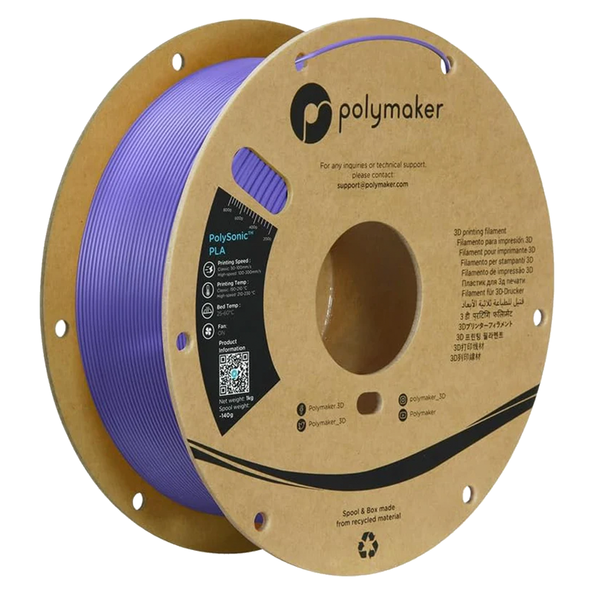 PolySonic PLA 1.75mm 3D printer filament | Polymaker showing PLA, ting Speed:, Printing Teng