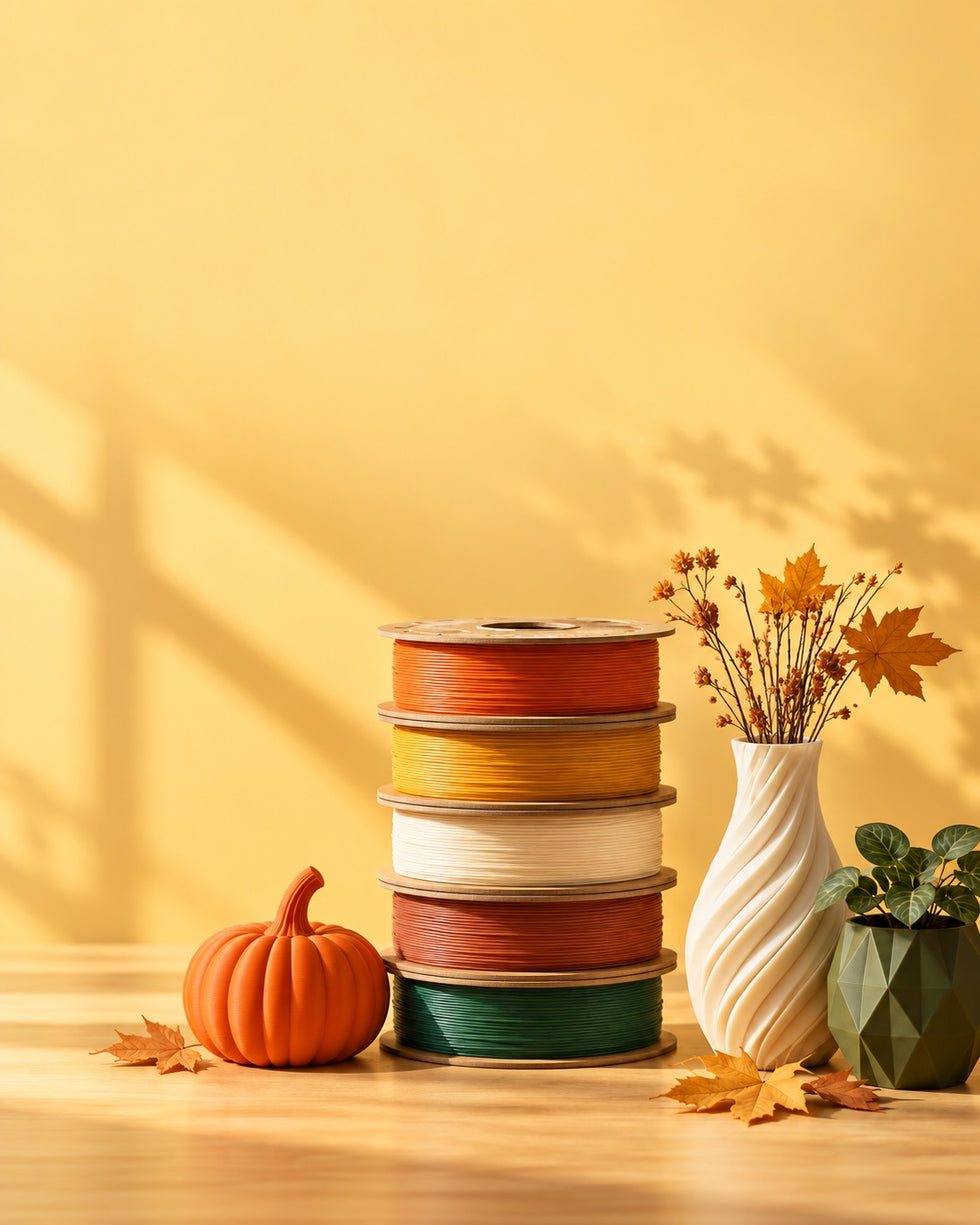 Autumn-colored filament spools with 3D printed pumpkins and home decor