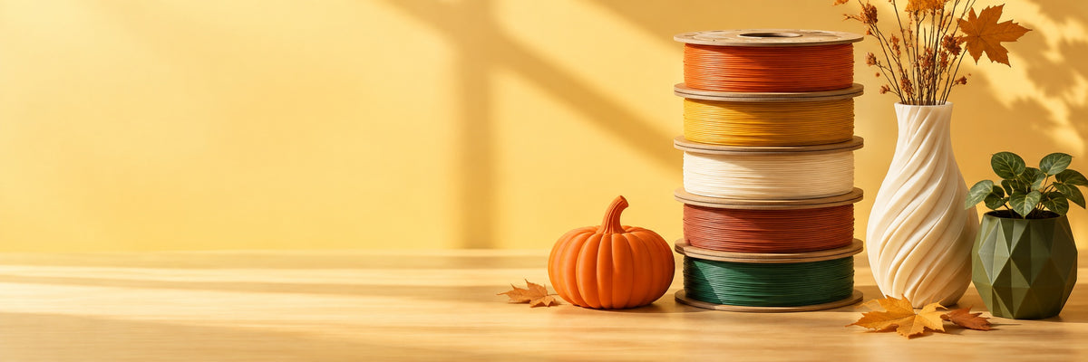 Autumn-colored filament spools with 3D printed pumpkins and home decor
