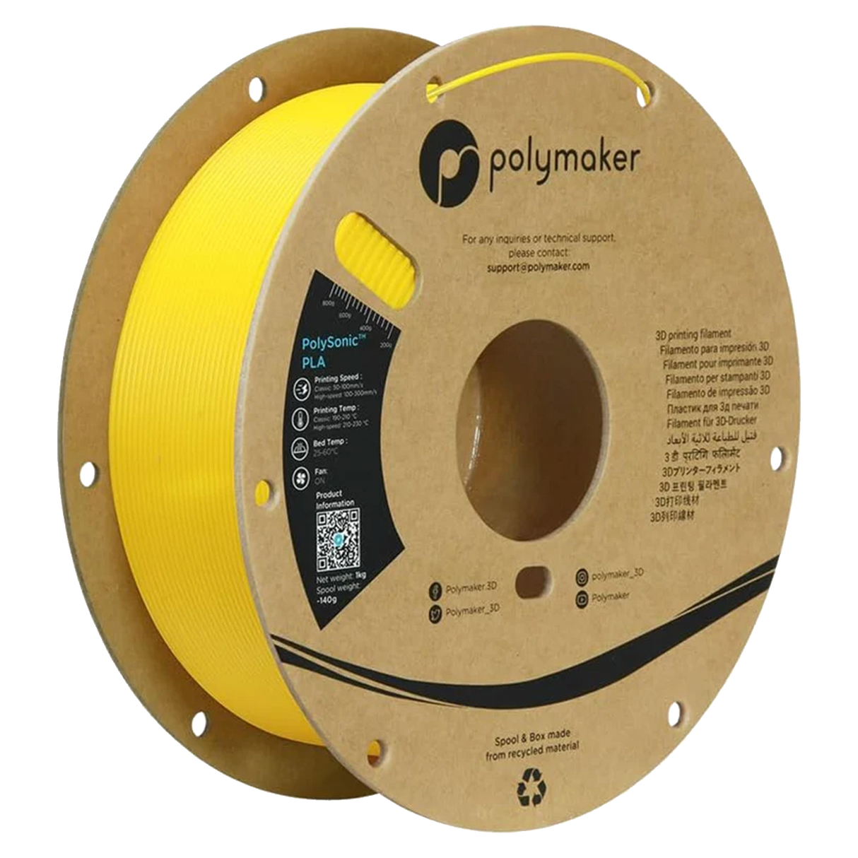 PolySonic PLA 1.75mm 3D printer filament | Polymaker showing PLA, inting Speed:, Printing Teng