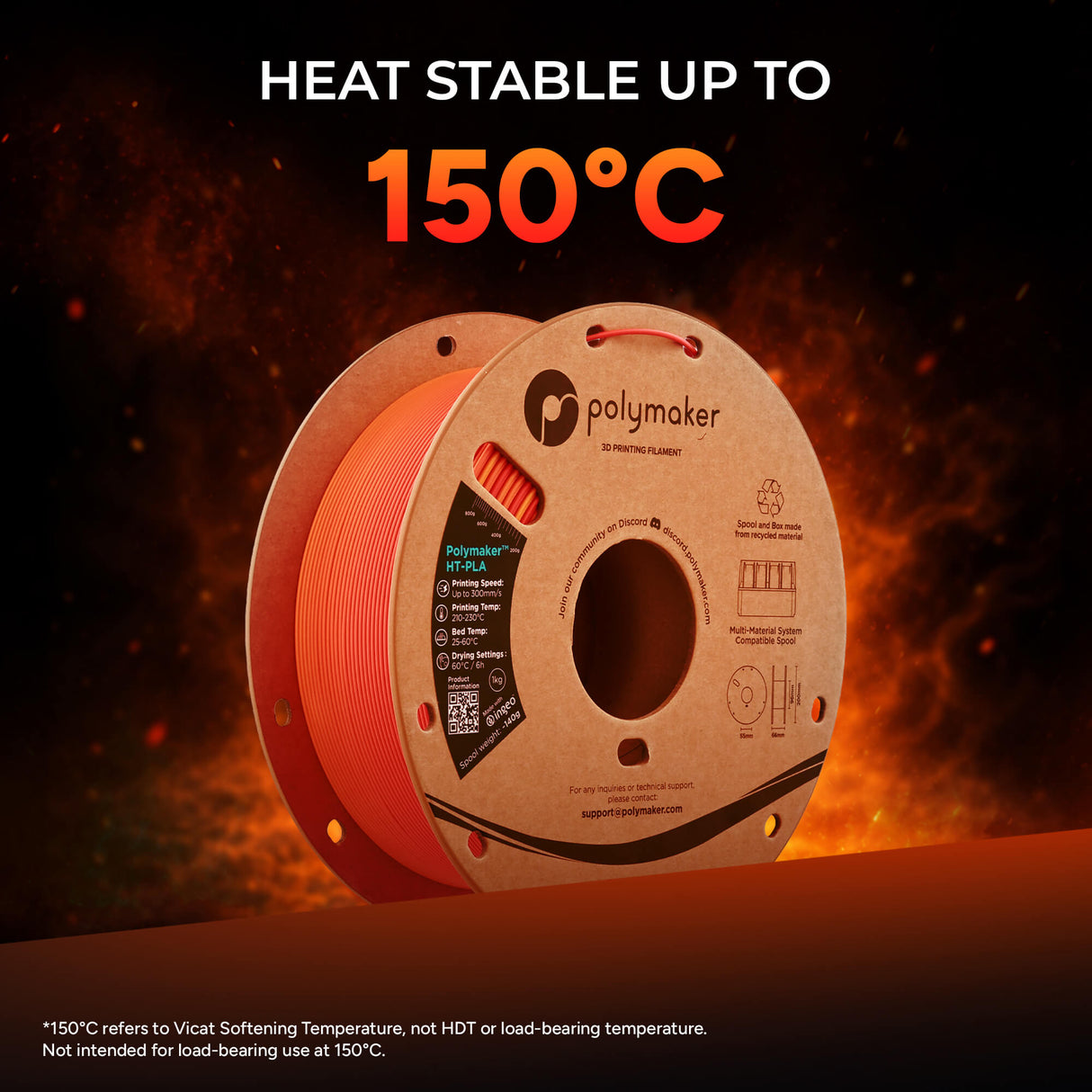 Polymaker HT-PLA 1.75mm 3D printer filament showing HEAT STABLE UP TO, 3D PRINTING FILAMENT, Spool and Box made, HT-PLA