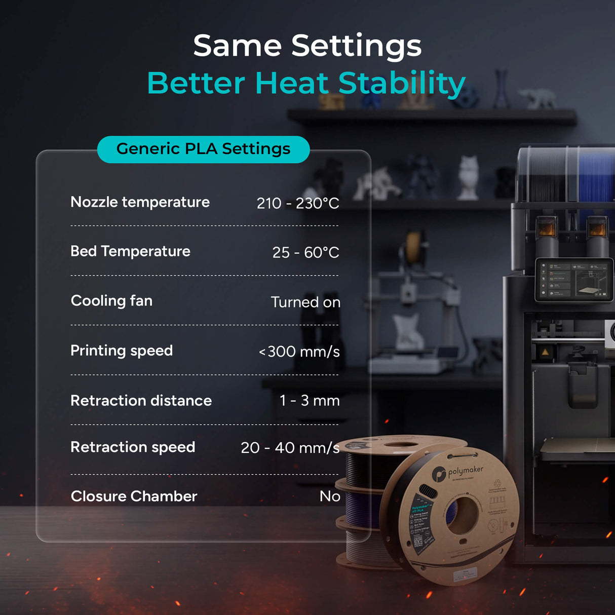 Polymaker HT-PLA 1.75mm 3D printer filament showing Better Heat Stability, Generic PLA Settings, Nozzle temperature, Bed...