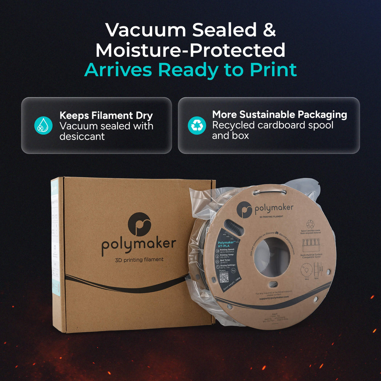 Polymaker HT-PLA 1.75mm 3D printer filament showing Arrives Ready to Print, Keeps Filament Dry, Recycled cardboard spool