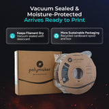 Polymaker HT-PLA 1.75mm 3D printer filament showing Arrives Ready to Print, Keeps Filament Dry, Recycled cardboard spool