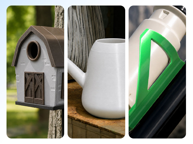 Outdoor PETG 3D printed birdhouse and watering-can accessories
