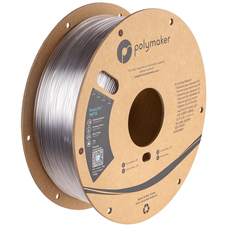 PolyLite Translucent PETG 1.75mm 3D printer filament | Polymaker showing PETG, Printing Speed:, Printing Temp: