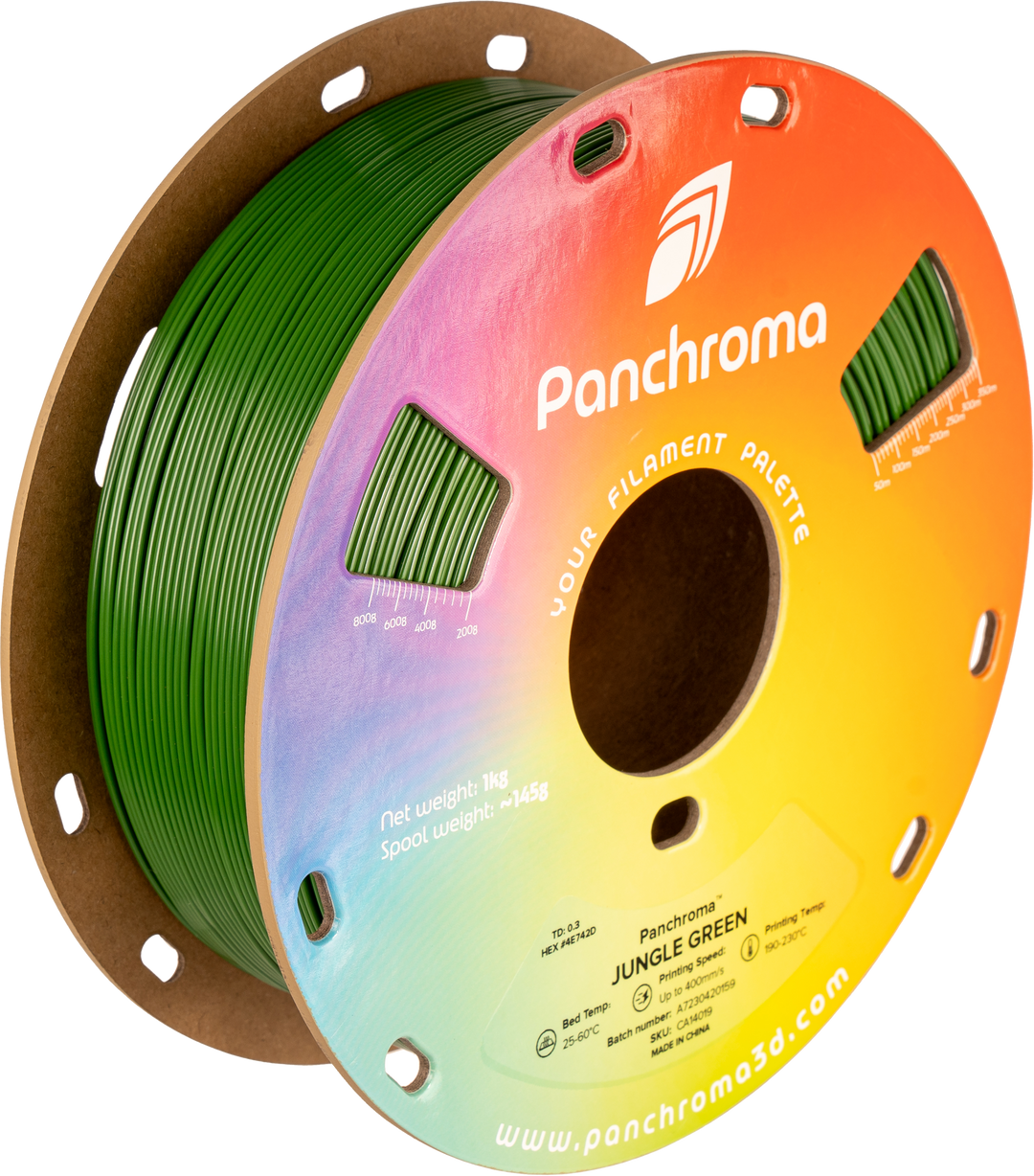 Panchroma CoPE 1.75mm 3D printer filament | Polymaker showing Spool weight: ~1458, JUNGLE GREEN, Printing Speed: