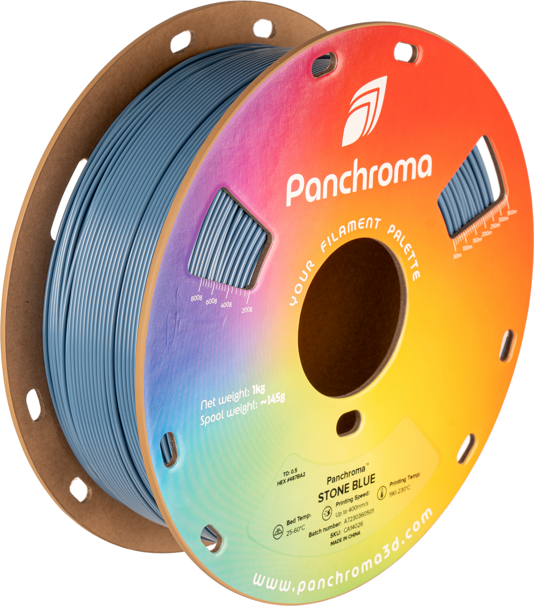 Panchroma CoPE 1.75mm 3D printer filament | Polymaker showing Spool weight: ~145g, STONE BLUE