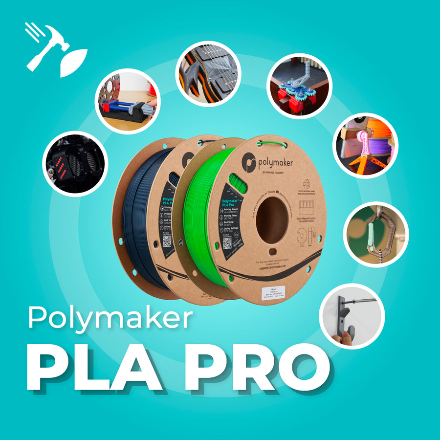 Polymaker PLA Pro 1.75mm 3D printer filament showing 3D PRINTING FILAMENT, PLA PI, PLA Pro, Printing Spetd